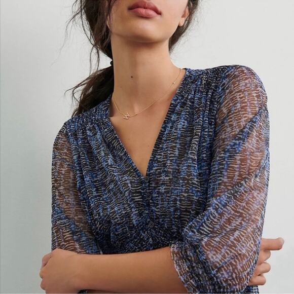 Anthropologie Gretchen Smocked Sheer top blouse Vneck - Picture 2 of 15